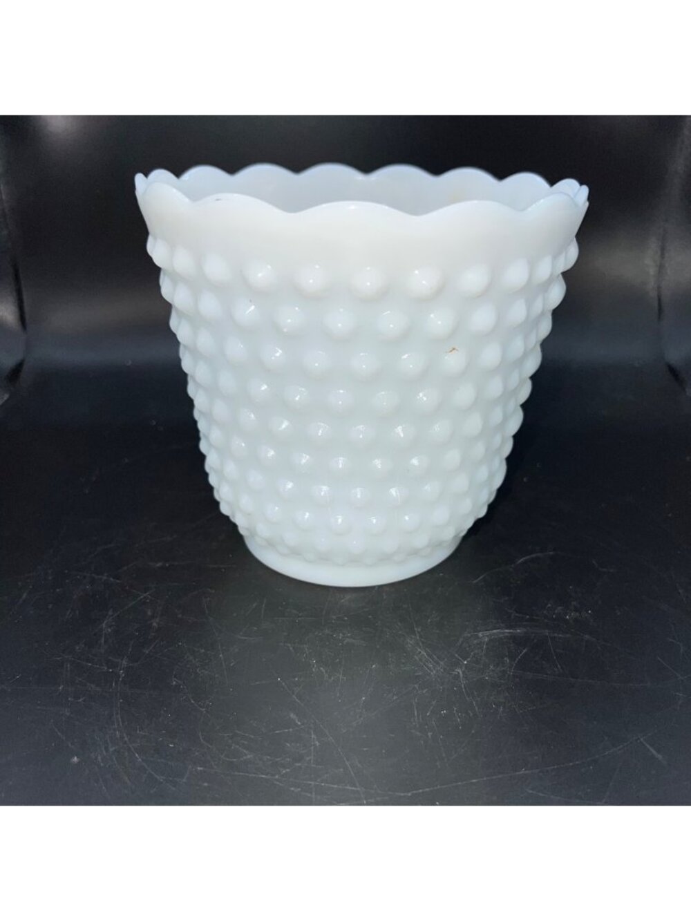 White Milk Glass Hobnail Planter Vase Scalloped Edge Decorative Bowl Retro VTG